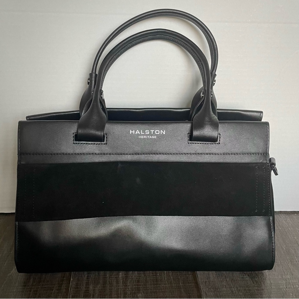 Halston Heritage Leather Satchel Handbag with Two Shoulder Straps, Black